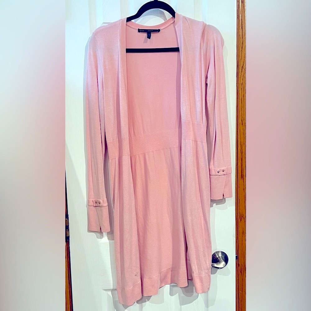 XS White House Black Market long cardigan 
in light pink with rose gold accents